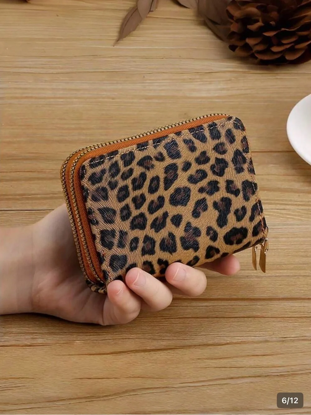 Leopard Print Double Zip Card Wallet - Tan/Black